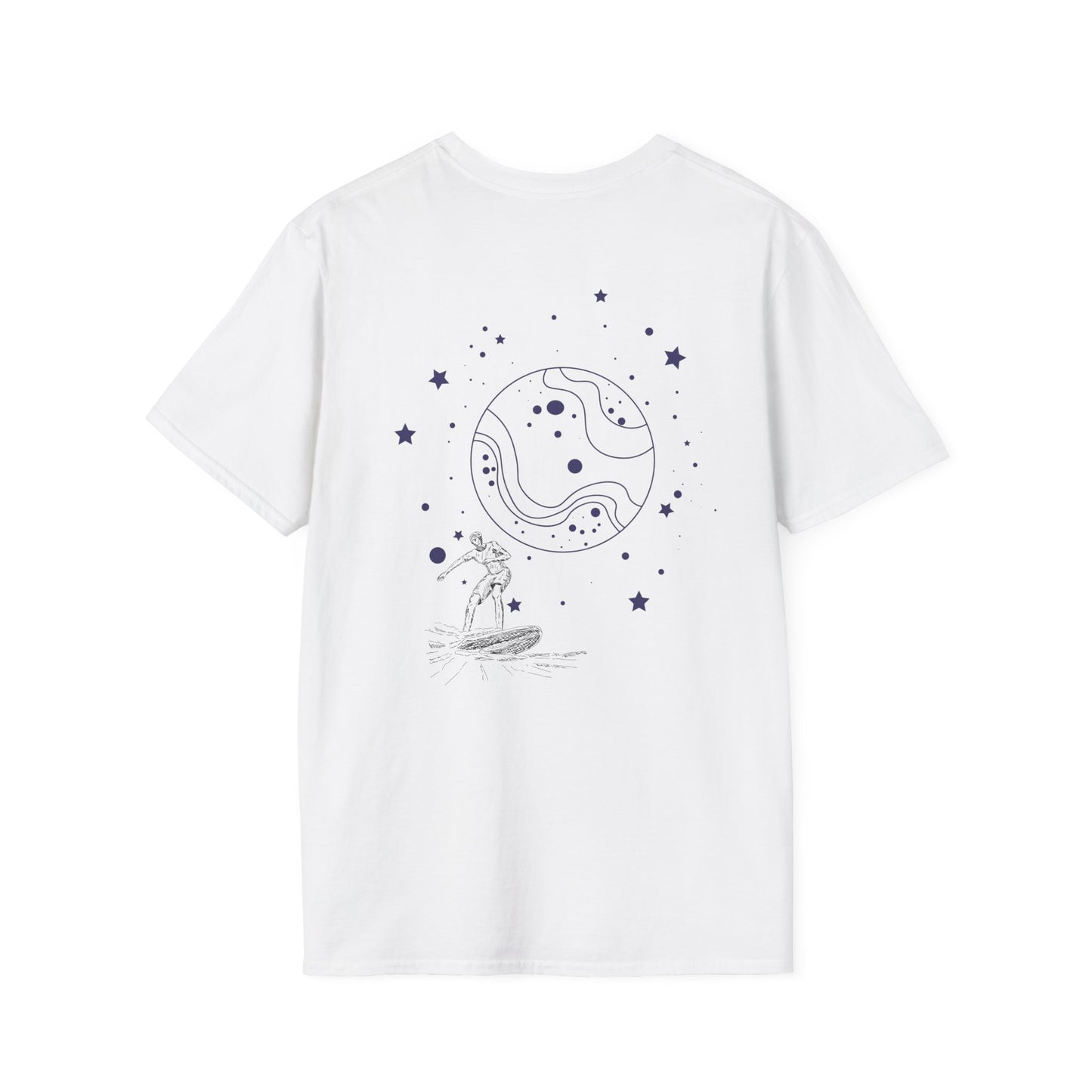 Cosmic Surfer Unisex Softstyle T-Shirt - Celestial Design for Surf Enthusiasts