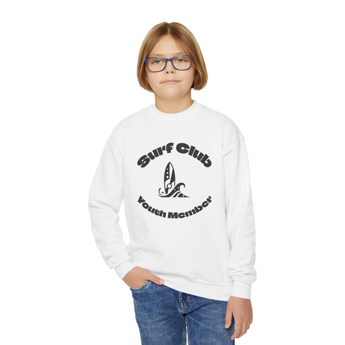 Surf Club Youth Crewneck Sweatshirt - Gnarly Crab Design & Rad Surf Club Design