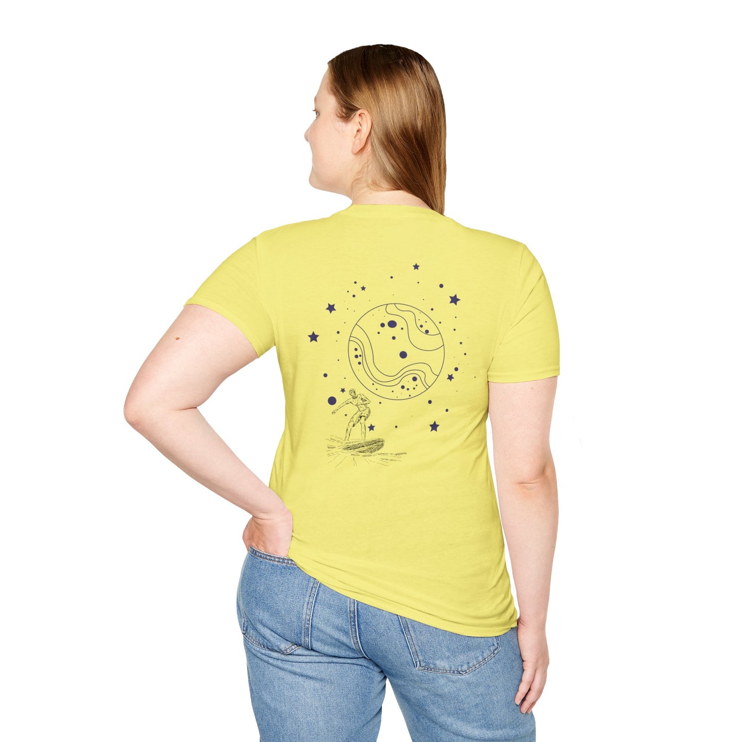 Cosmic Surfer Unisex Softstyle T-Shirt - Celestial Design for Surf Enthusiasts