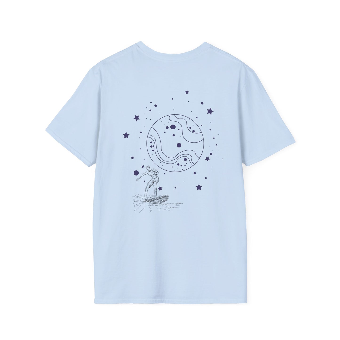 Cosmic Surfer Unisex Softstyle T-Shirt - Celestial Design for Surf Enthusiasts