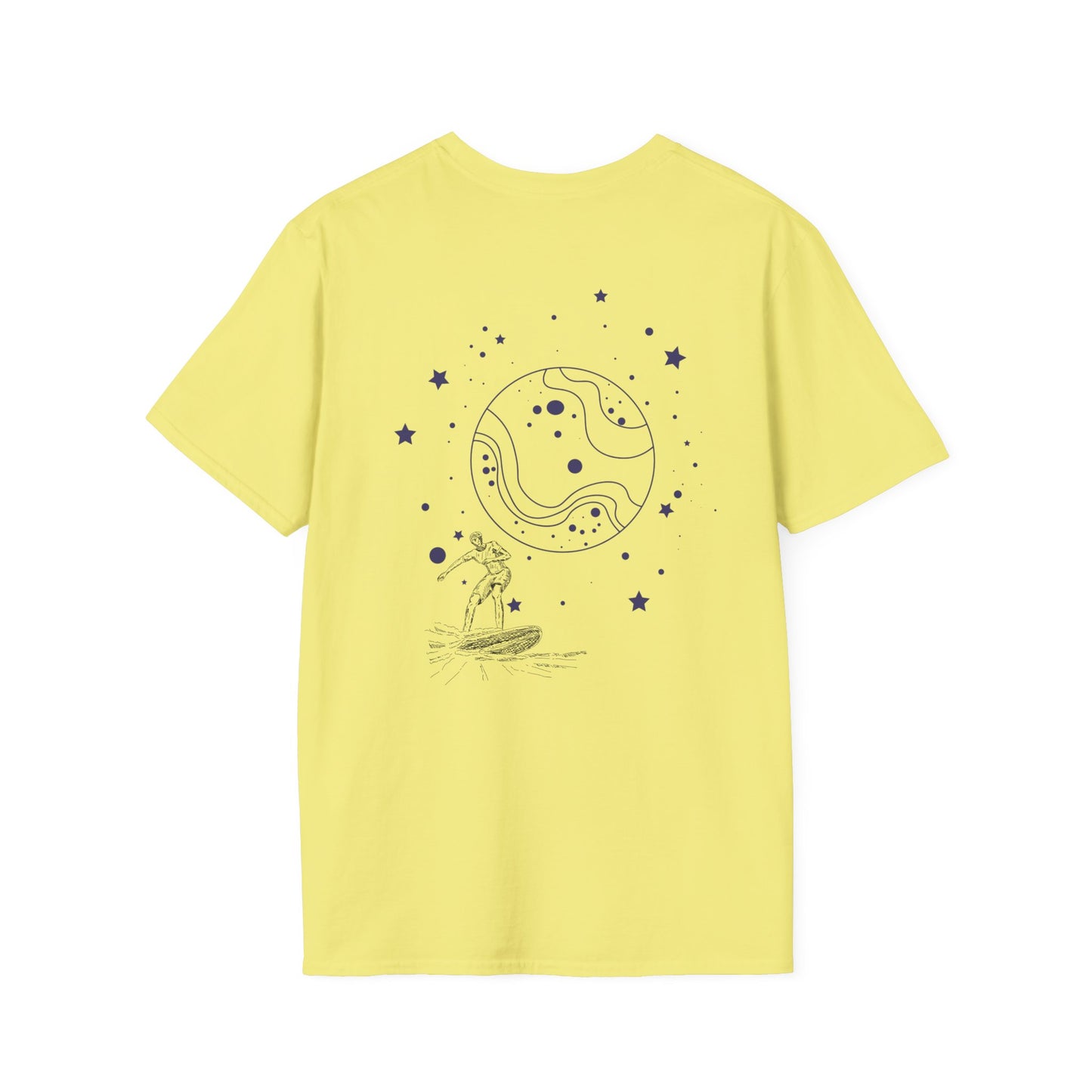 Cosmic Surfer Unisex Softstyle T-Shirt - Celestial Design for Surf Enthusiasts