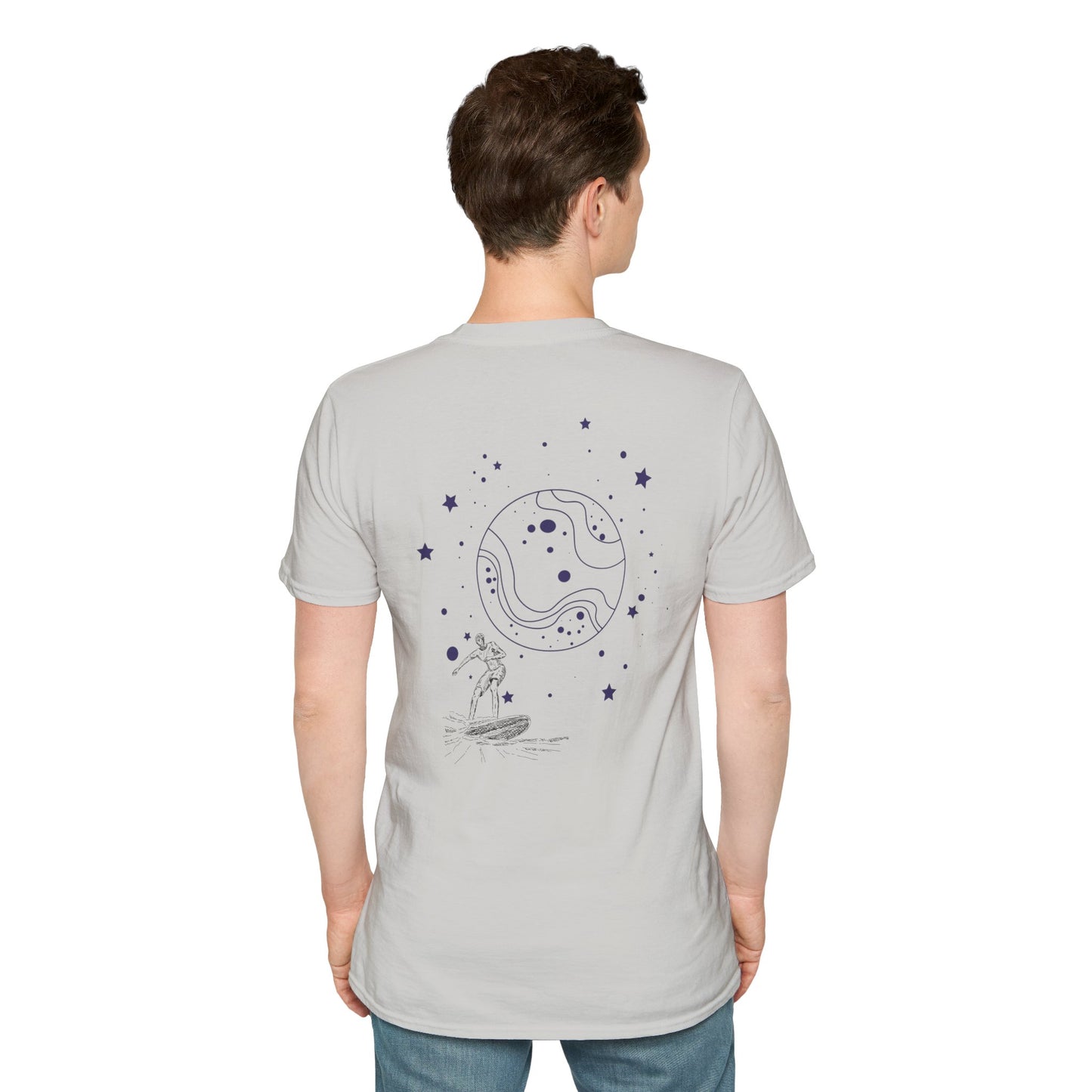 Cosmic Surfer Unisex Softstyle T-Shirt - Celestial Design for Surf Enthusiasts