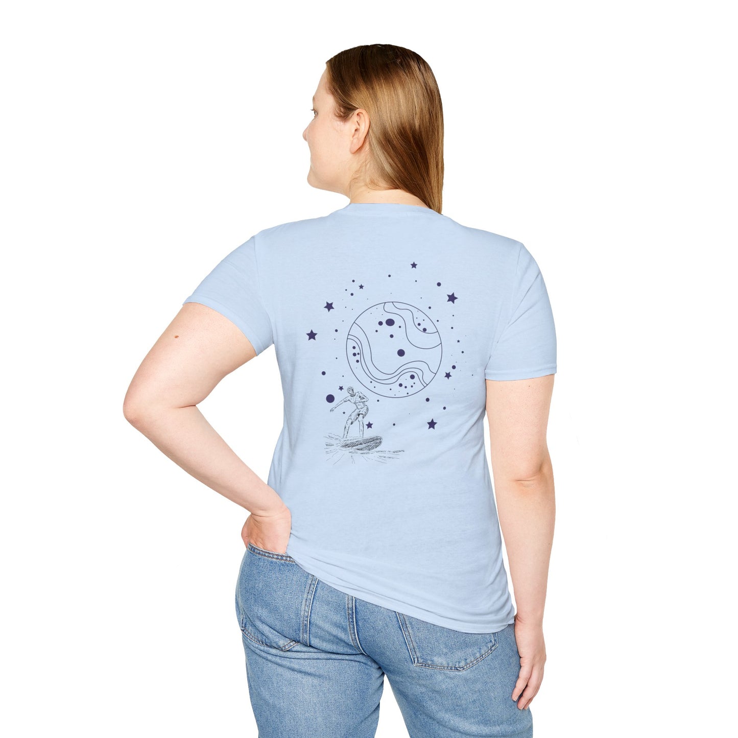 Cosmic Surfer Unisex Softstyle T-Shirt - Celestial Design for Surf Enthusiasts