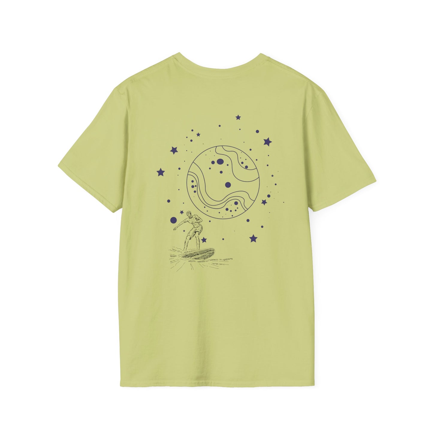 Cosmic Surfer Unisex Softstyle T-Shirt - Celestial Design for Surf Enthusiasts