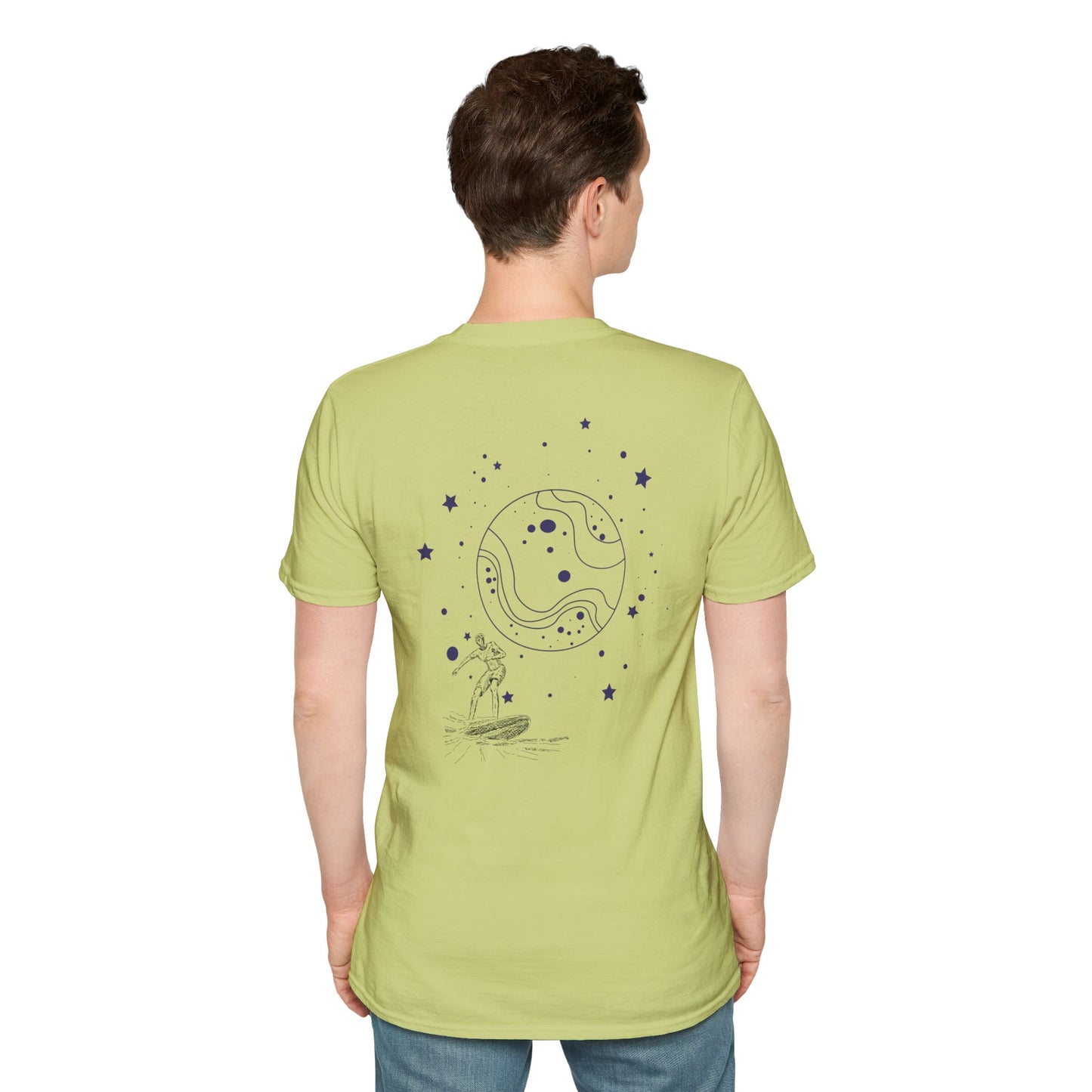 Cosmic Surfer Unisex Softstyle T-Shirt - Celestial Design for Surf Enthusiasts