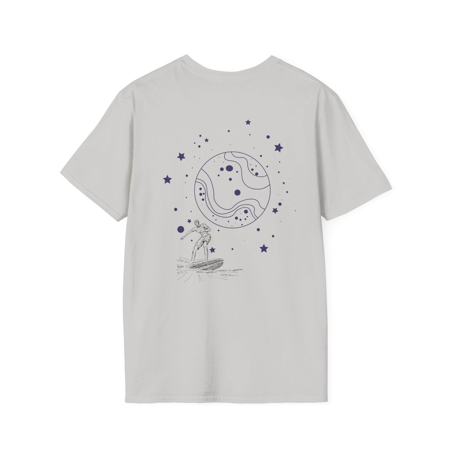 Cosmic Surfer Unisex Softstyle T-Shirt - Celestial Design for Surf Enthusiasts