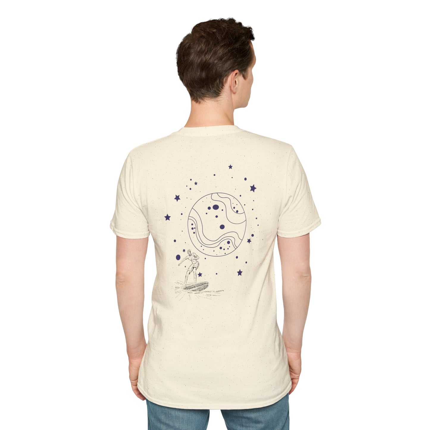 Cosmic Surfer Unisex Softstyle T-Shirt - Celestial Design for Surf Enthusiasts