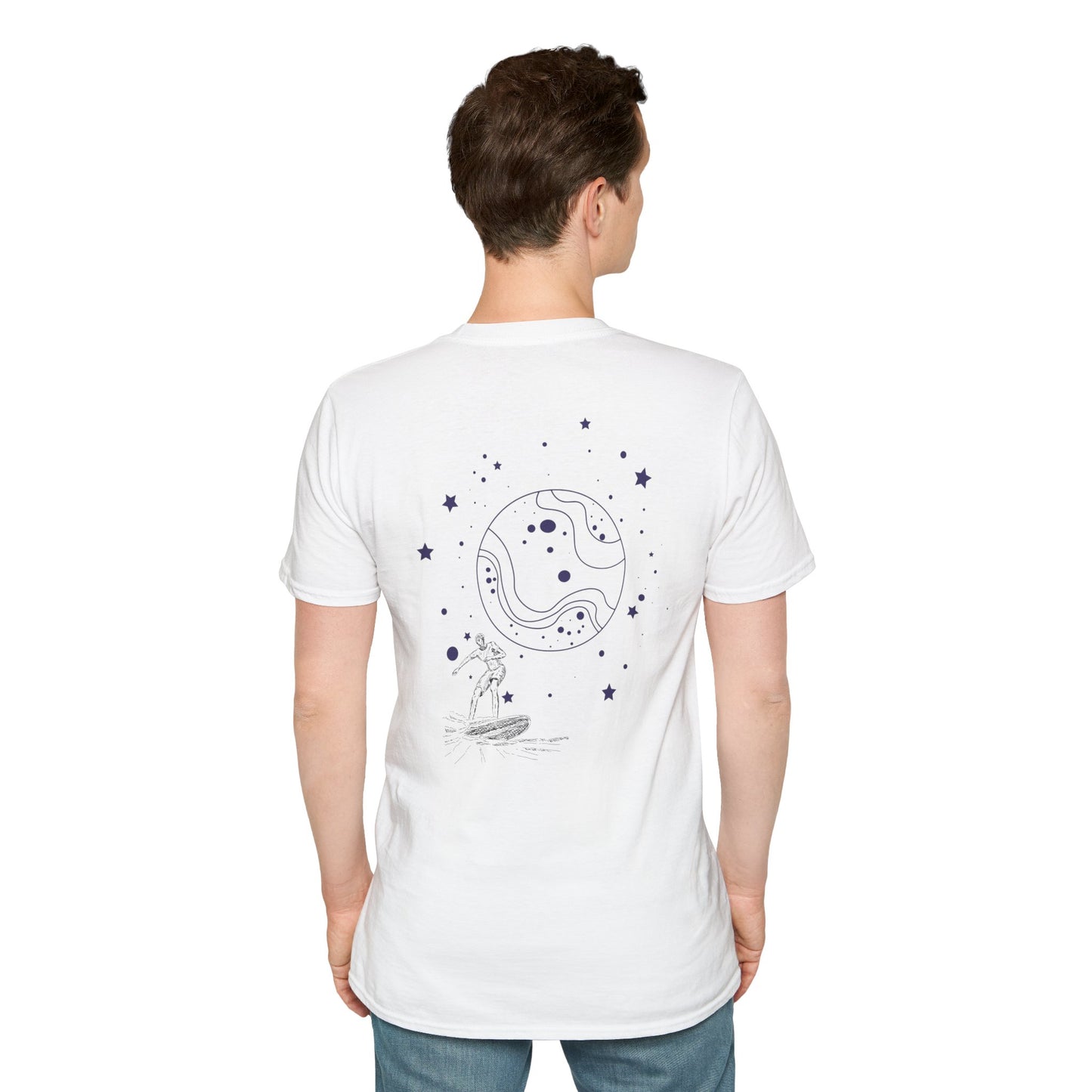Cosmic Surfer Unisex Softstyle T-Shirt - Celestial Design for Surf Enthusiasts