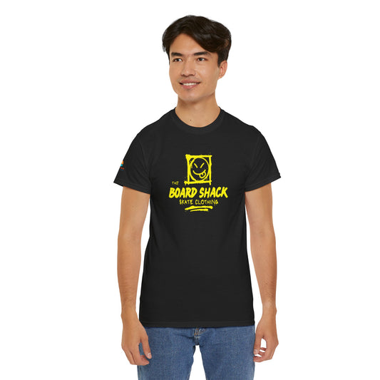 Board Shack Skate Tee — Yellow Logo Graphic T‑Shirt