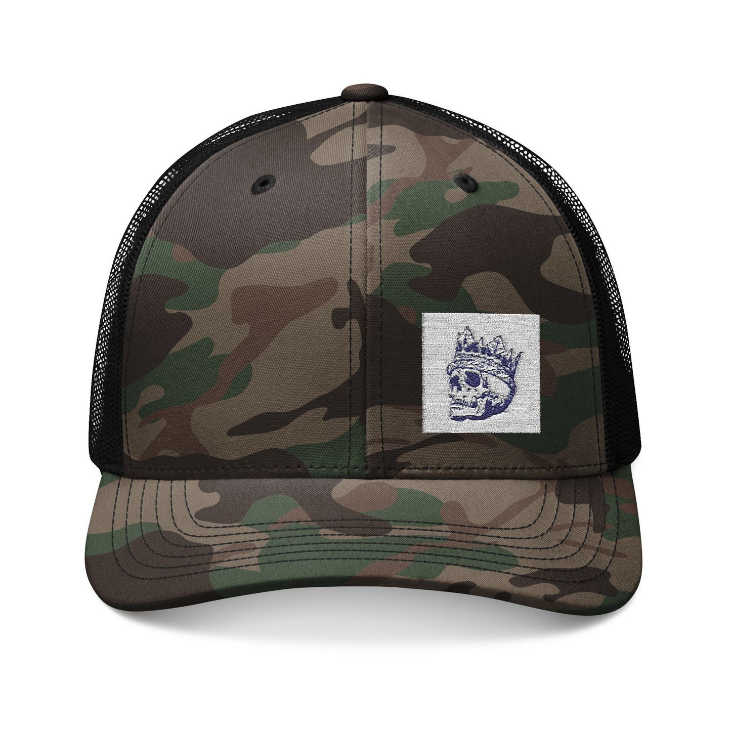 Surf King Camouflage Trucker Hat with Embroidered Skull Patch - Great Lakes Surf Apparel