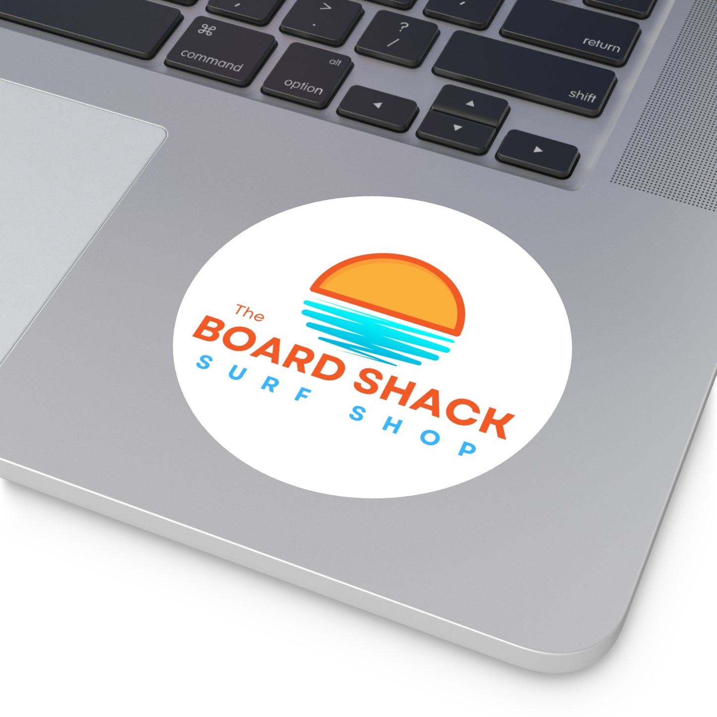 Surf Shop Logo Sticker — "The Board Shack" Round Vinyl Sticker
