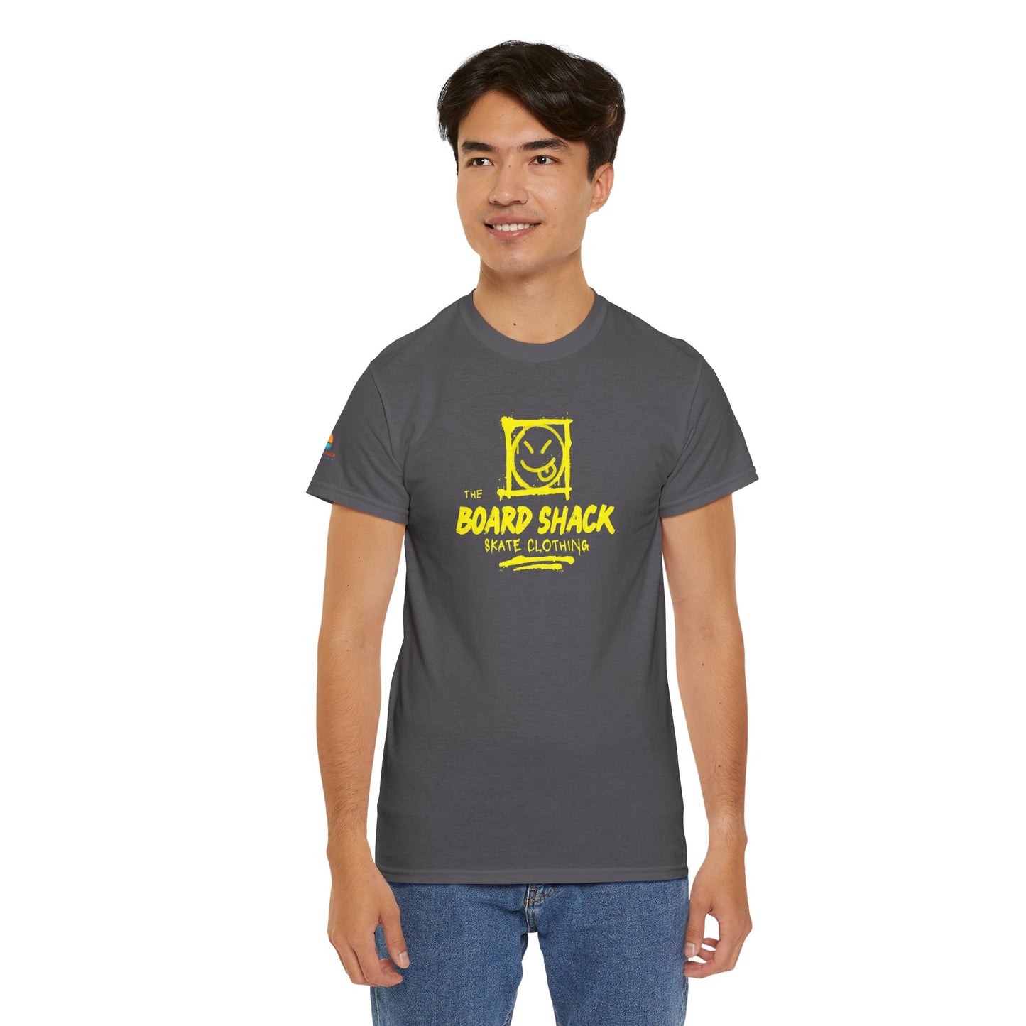 Board Shack Skate Tee — Yellow Logo Graphic T‑Shirt