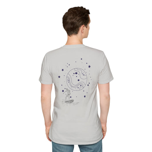 Cosmic Surfer Unisex Softstyle T-Shirt - Celestial Design for Surf Enthusiasts
