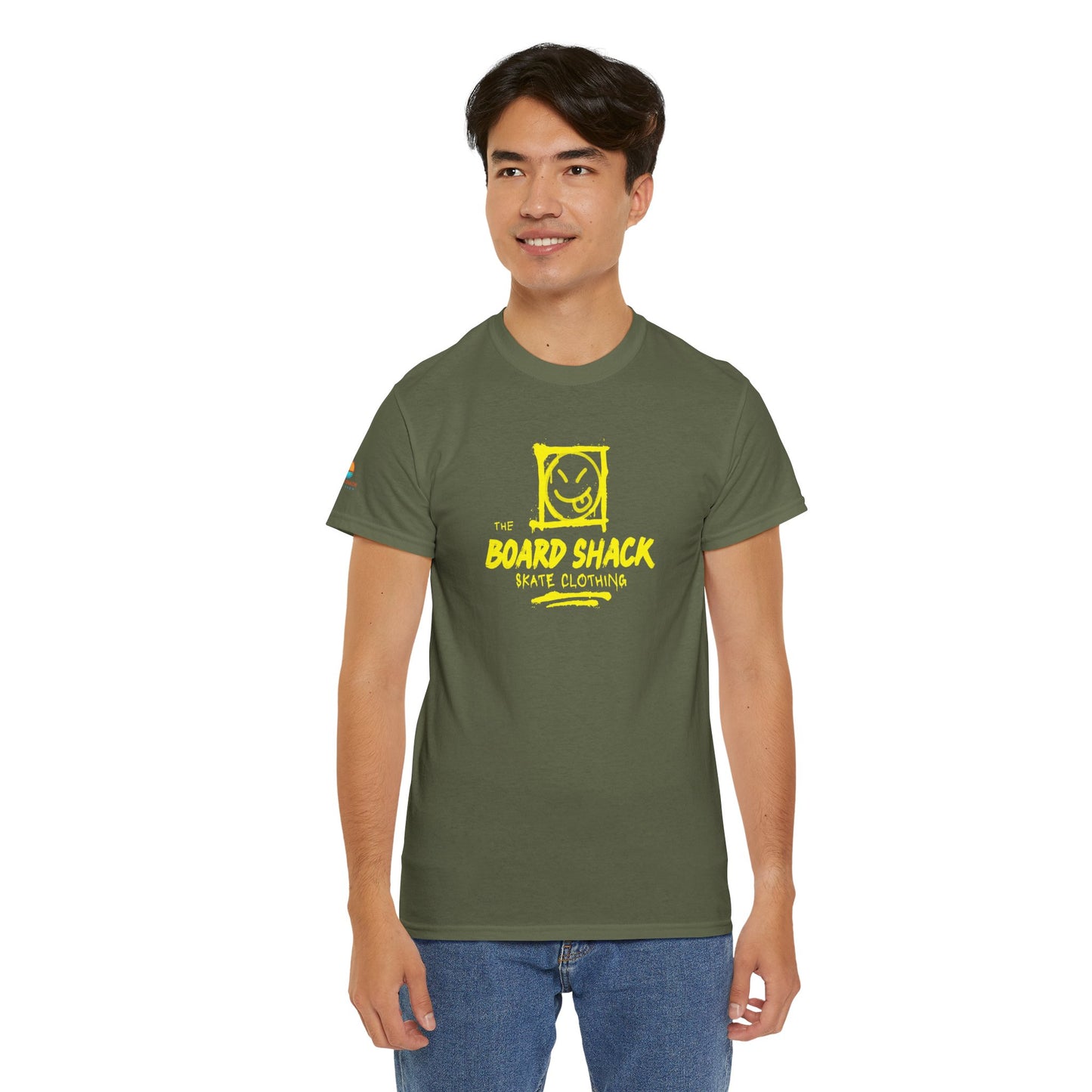 Board Shack Skate Tee — Yellow Logo Graphic T‑Shirt