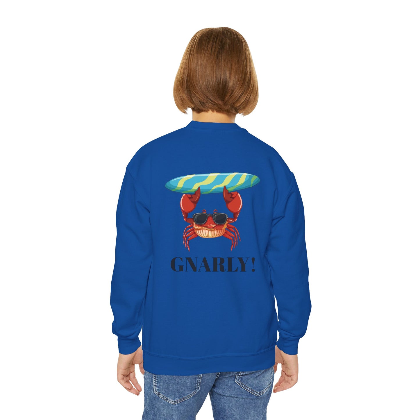 Surf Club Youth Crewneck Sweatshirt - Gnarly Crab Design & Rad Surf Club Design